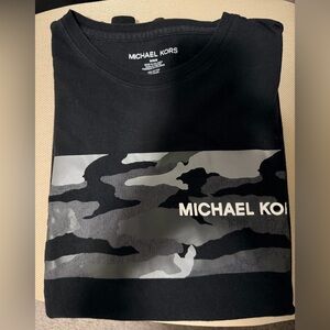 Michael Kors Black and Gray Camo Logo Short Sleeve Tee
